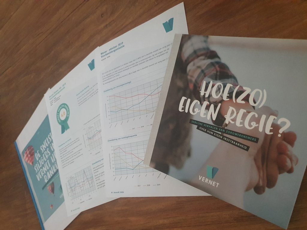 20201208_142450 Documenten en een brochure van Vernet met grafieken en titel ‘Hoe(zo) eigen regie?’.