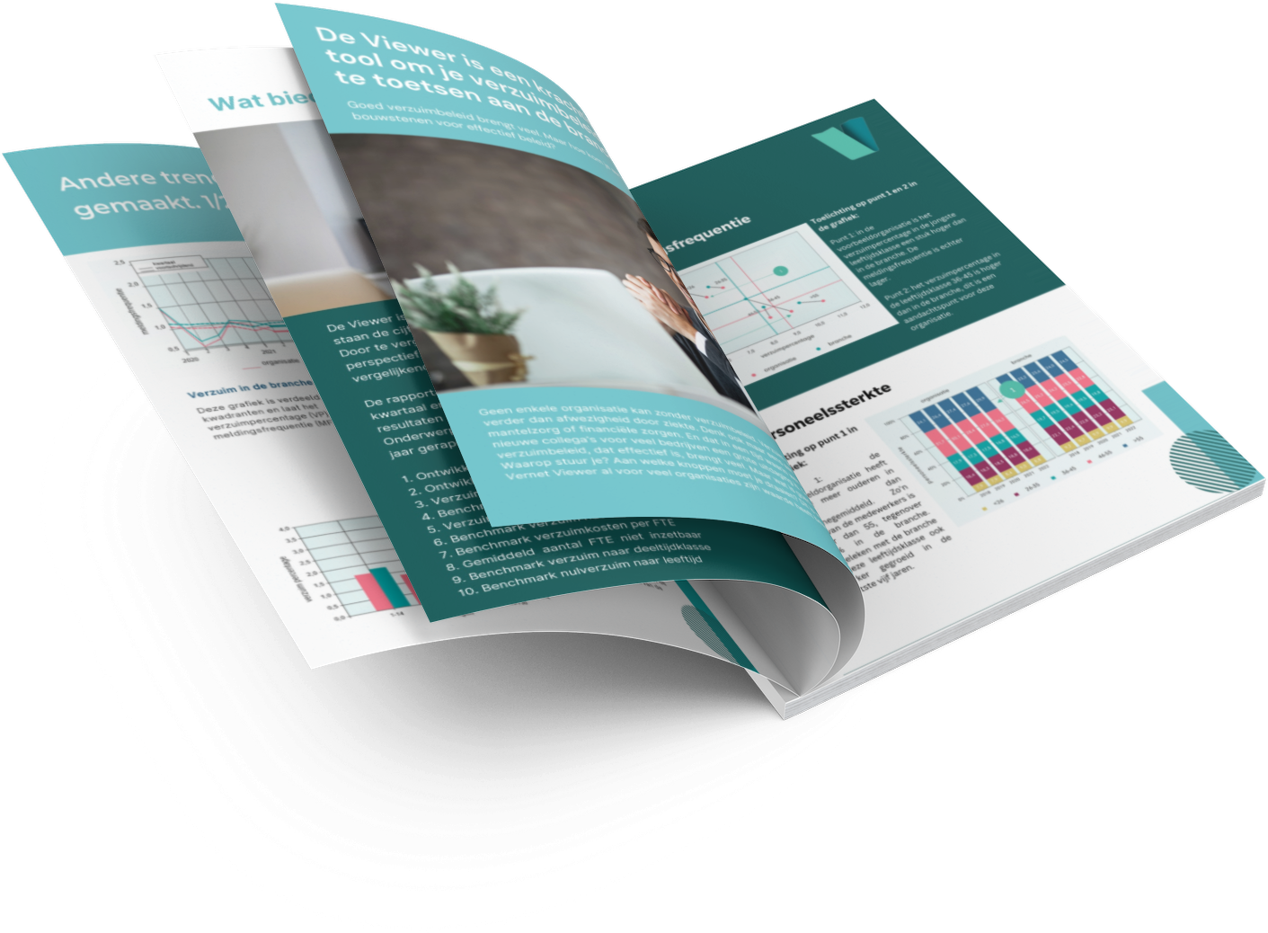 smartmockups_lq70pxut Opengevouwen brochure met infographics en tekst over zorgverzuim en benchmarkgegevens.